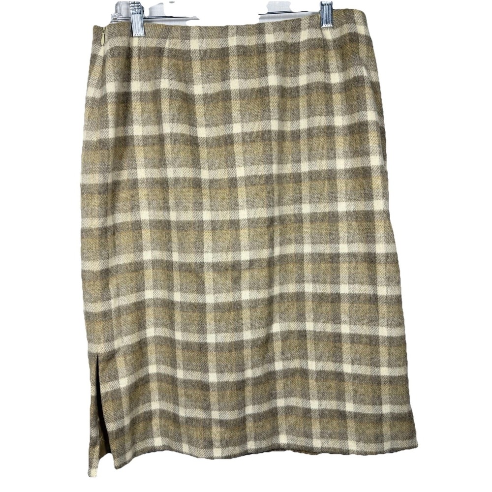 Vintage 90s Wool Tan Plaid Midi Pencil Wrap Skirt 14 Academia Classic Preppy USA